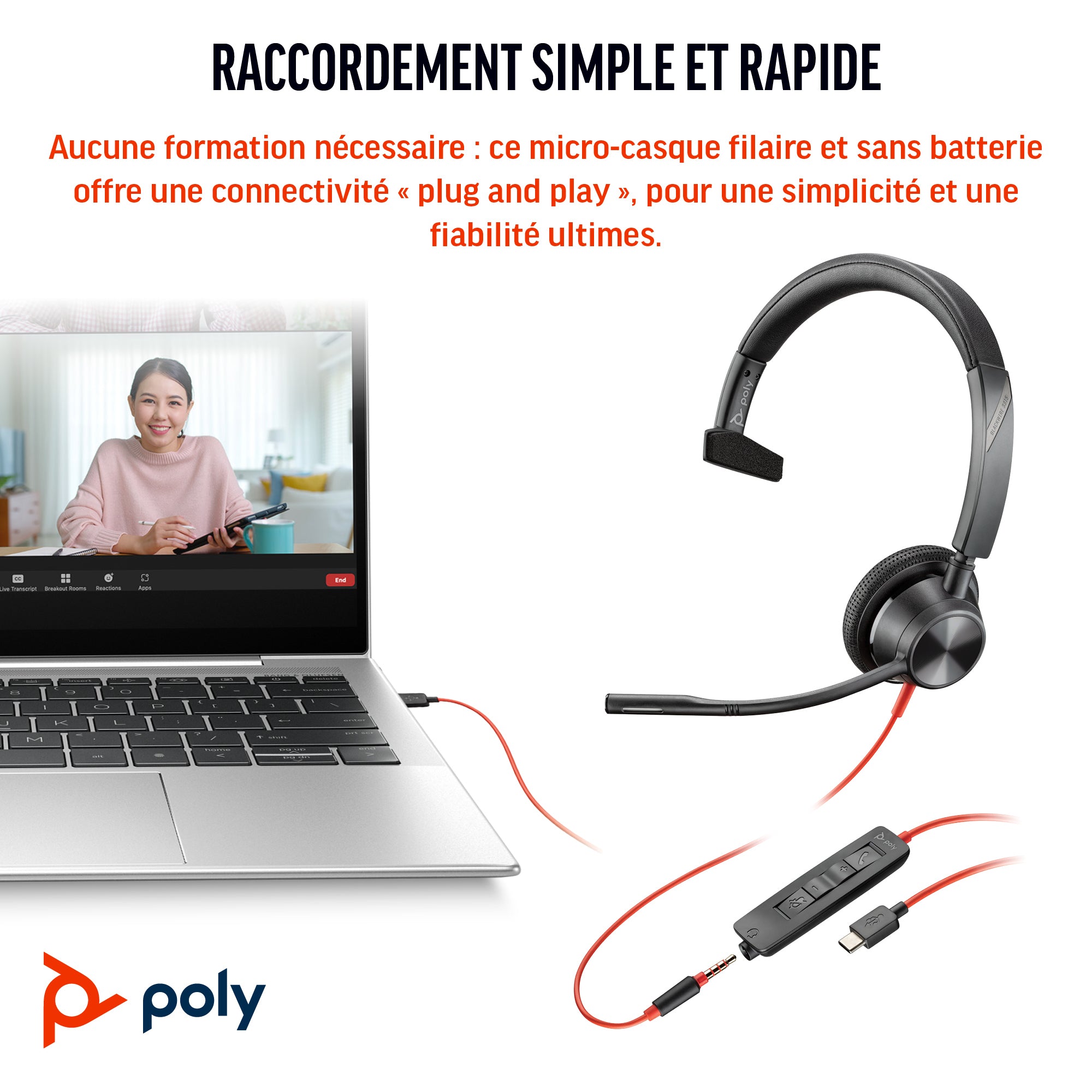 HP Poly Micro-casque Poly Blackwire 3315 monaural USB-C certifié Microsoft Teams + connexion 3,5 mm + adaptateur USB-C/A