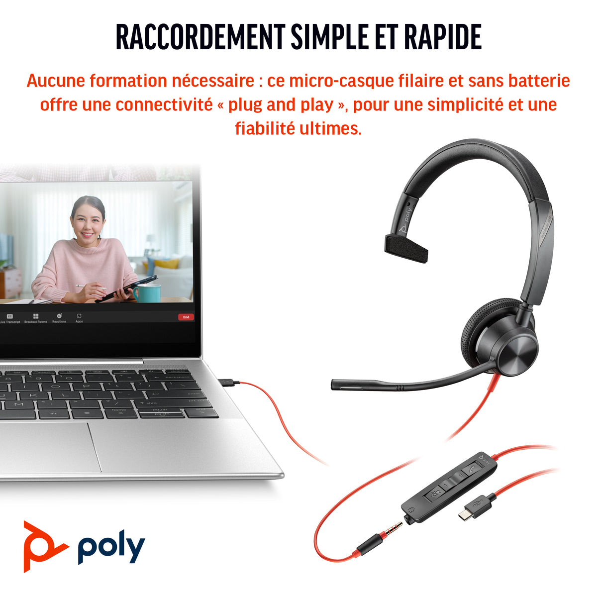 HP Poly Micro-casque Poly Blackwire 3315 monaural USB-C + connexion 3,5 mm + adaptateur USB-C/A