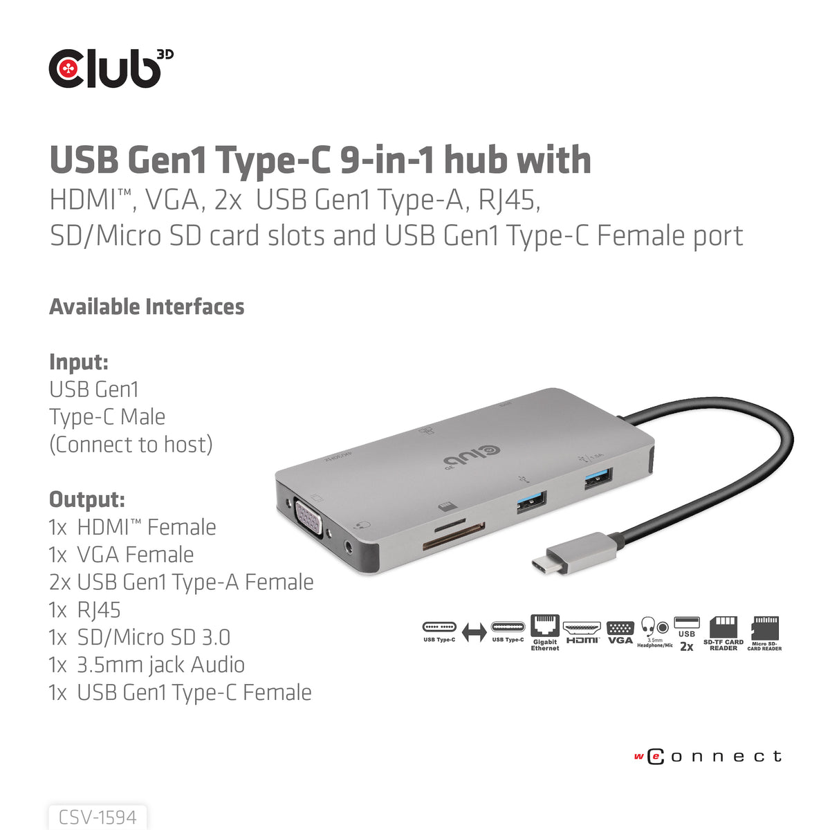 CLUB3D CSV-1594 Station d'accueil USB 3.2 Gen 1 Type-C, Noir et Gris