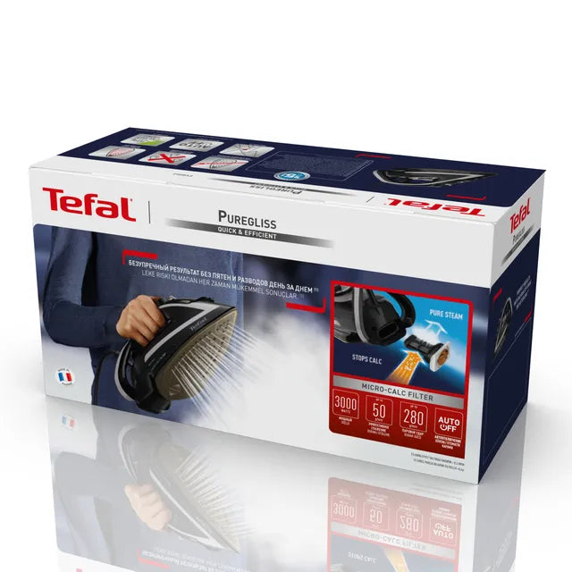 Tefal Puregliss FV8062E0 Fer à Repasser à Sec ou à Vapeur, Semelle Durilium AirGlide Autoclean, 3000 W, Noir et Gris
