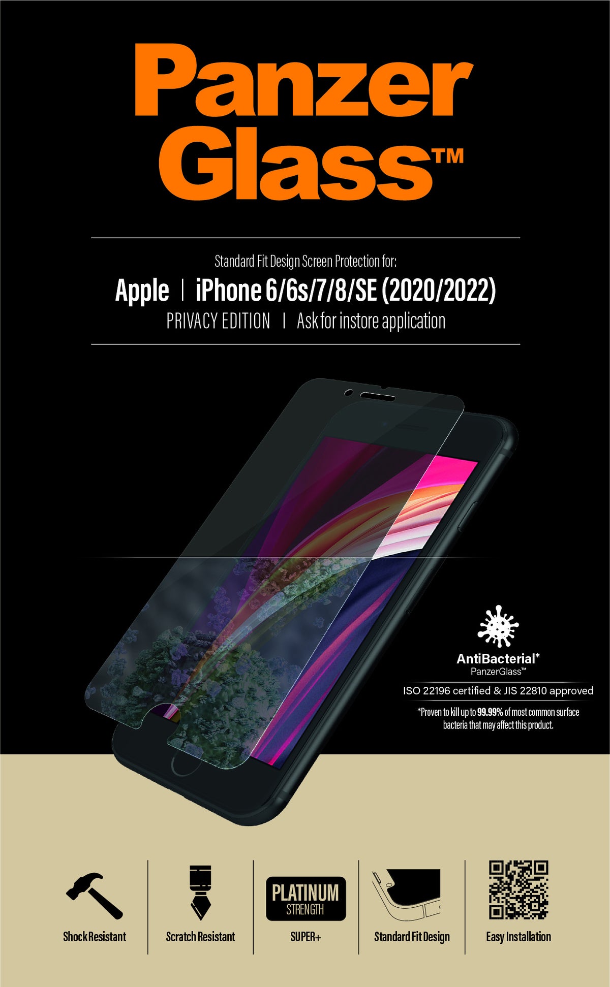 PanzerGlass Protection d'Écran de Confidentialité pour iPhone SE (2020/2022), 8, 7, 6, 6s, Standard Fit
