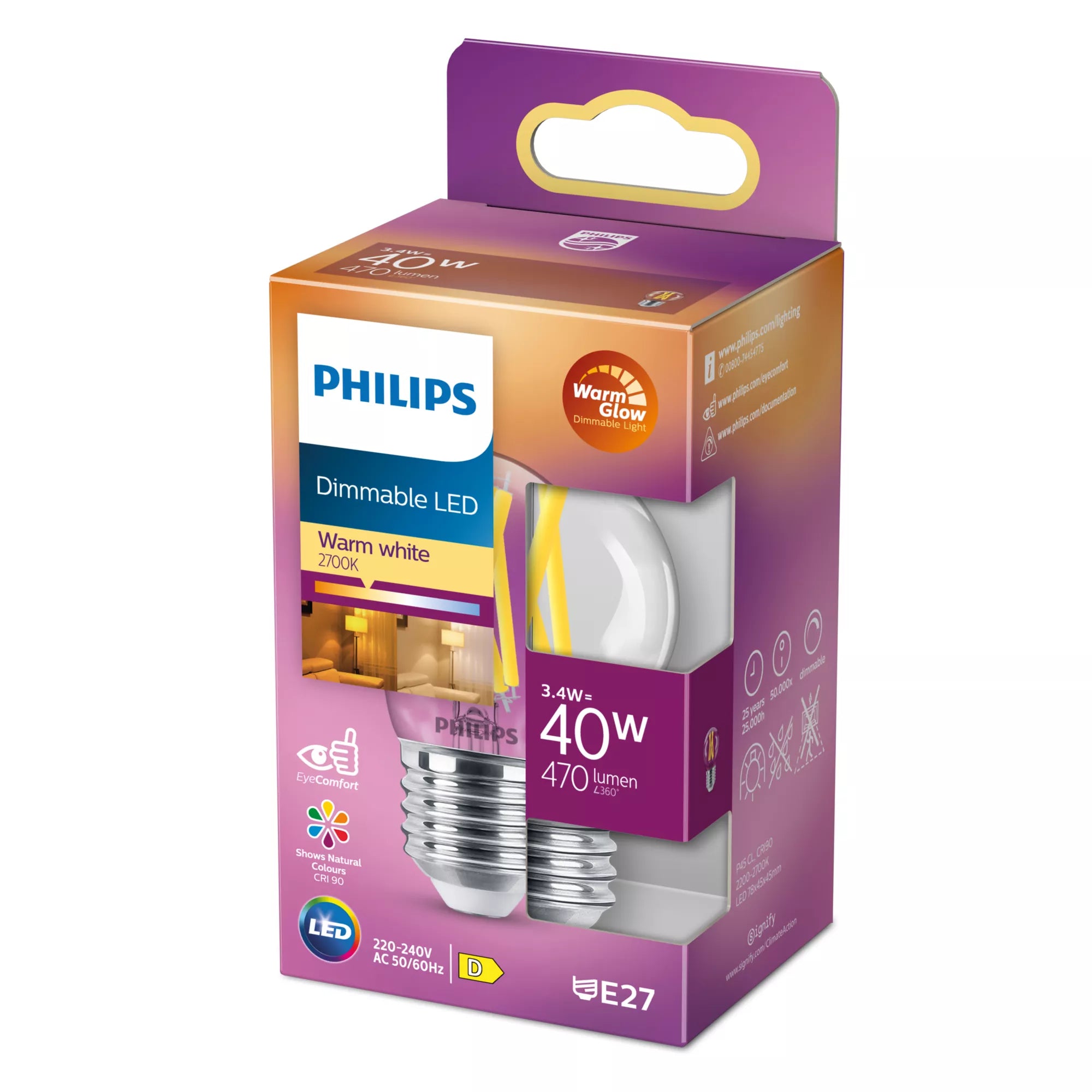 Philips Ampoule flamme transparente à filament 40W P45 E27