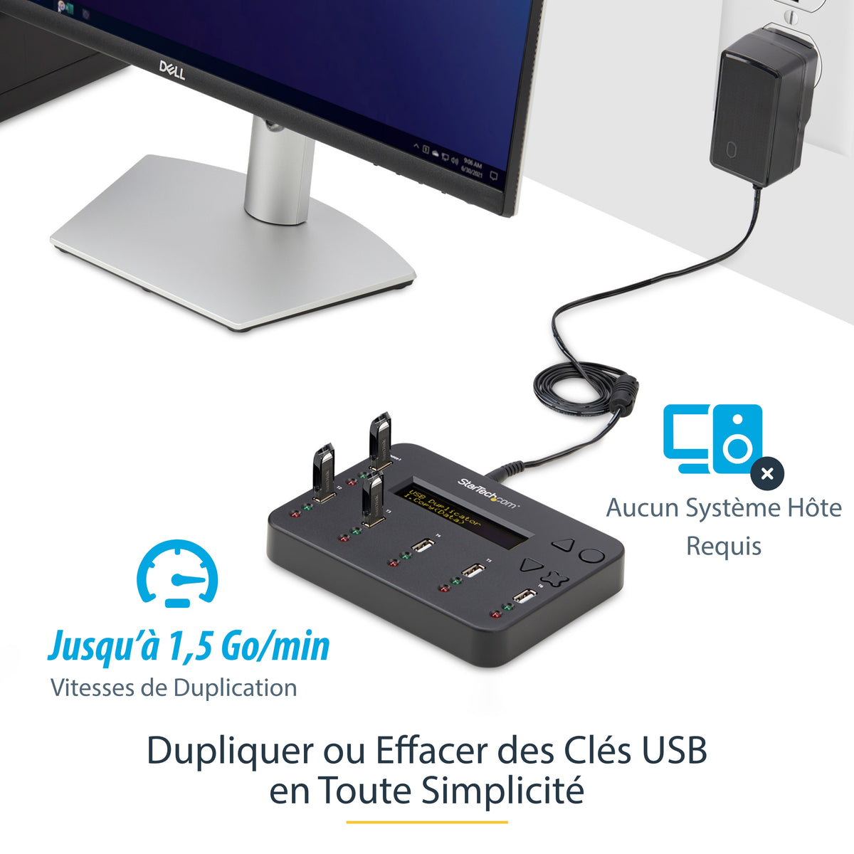 StarTech.com Duplicateur et Effaceur Autonome de 1 à 5 Clés USB USBDUP15, 1,5 Go/min, Affichage LCD