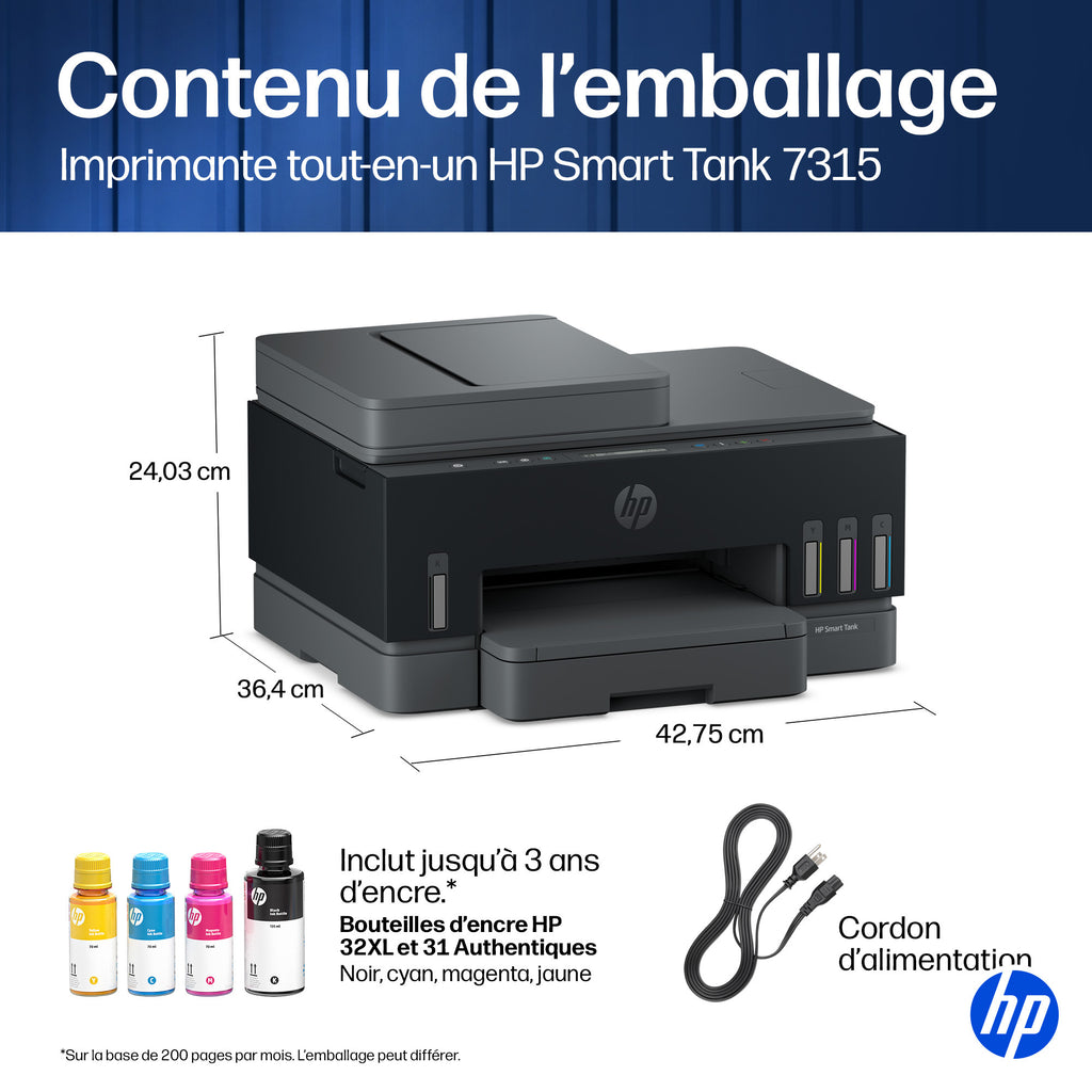 HP Smart Tank 7315 Wireless All-in-One Couleur Imprimante, Up to 2 Years of ink included; Two-sided printing; Copier, Sc