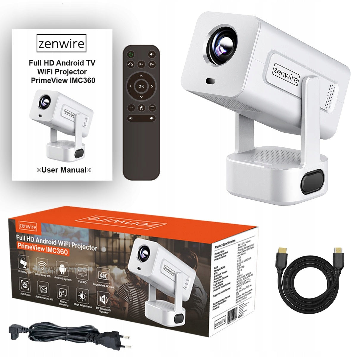 Mini-projecteur portable Android 13 avec Wi-Fi, projection à 360°, Full HD et 4K pour téléphone Zenwire IMC360