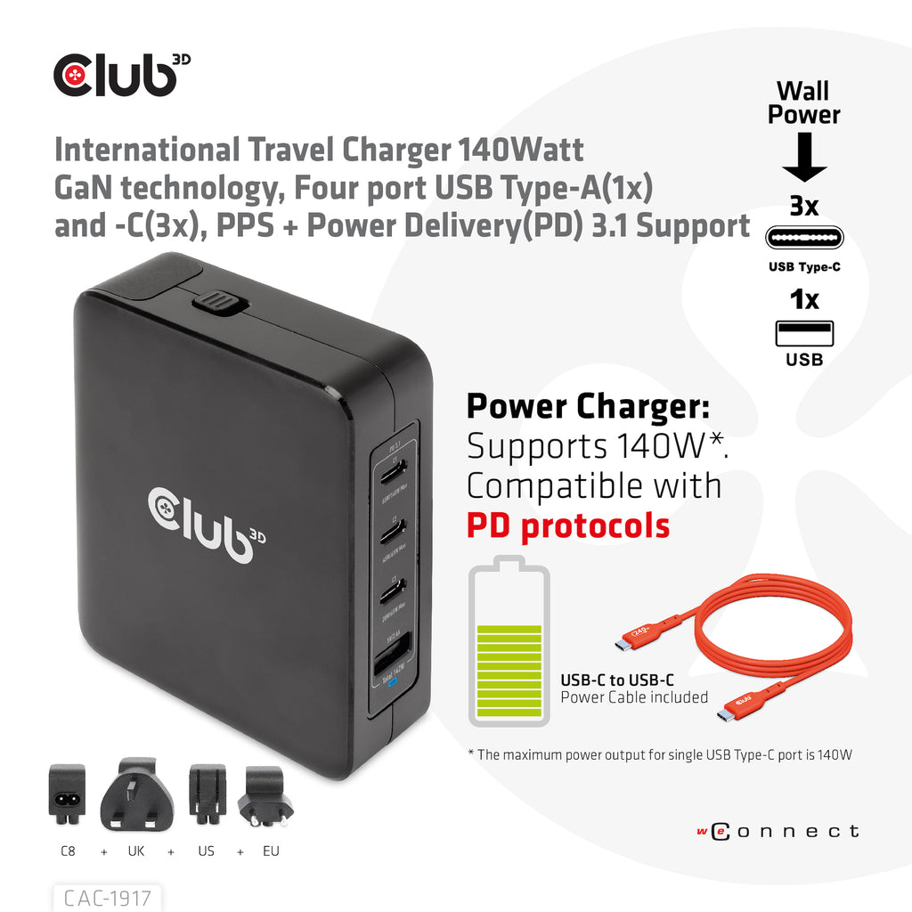 CLUB3D CAC-1917 chargeur d'appareils mobiles Universel Noir Secteur Charge rapide Intérieure