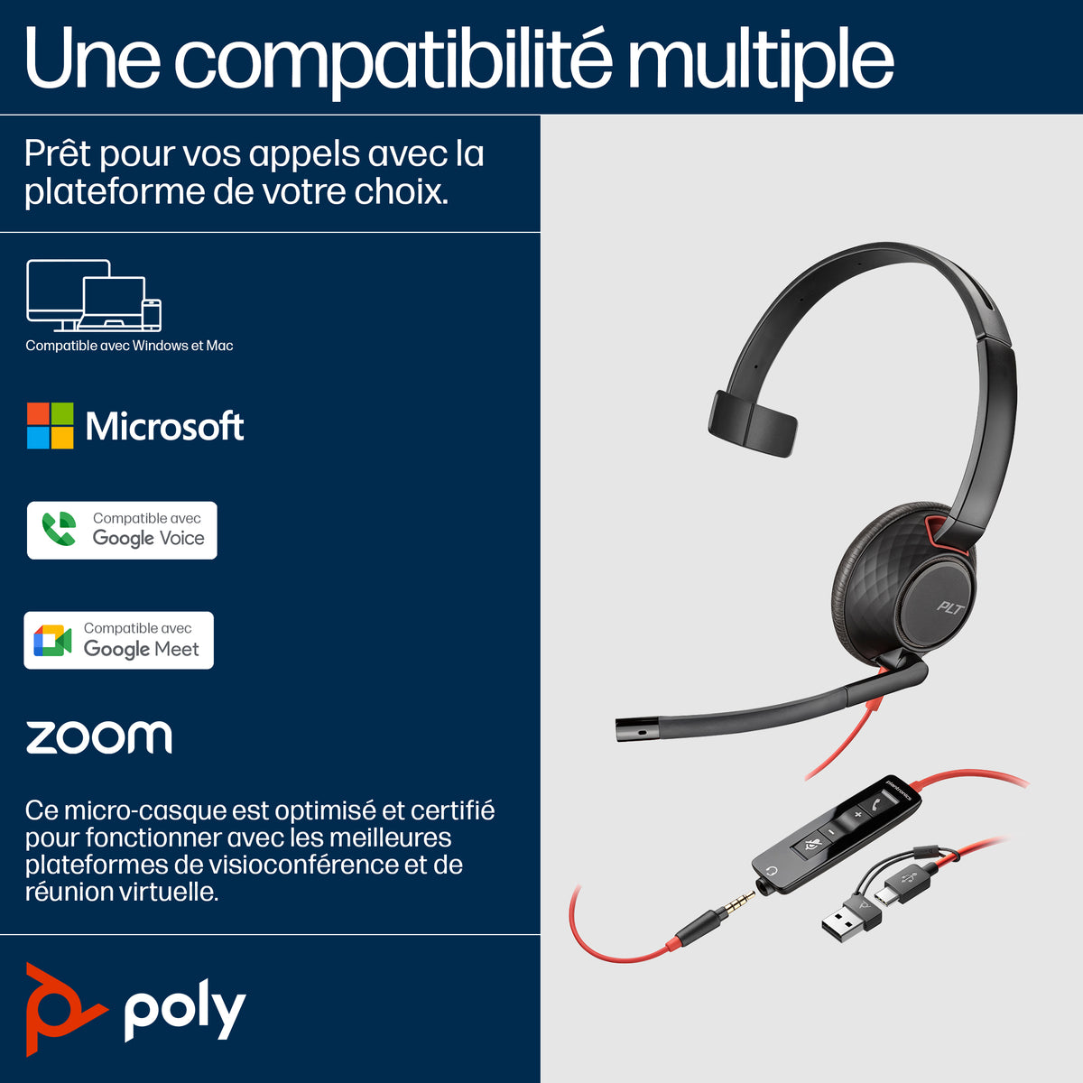 HP Poly Blackwire 5210 Micro-casque Monaural USB-C, Prise 3,5 mm et Adaptateur USB-C/A