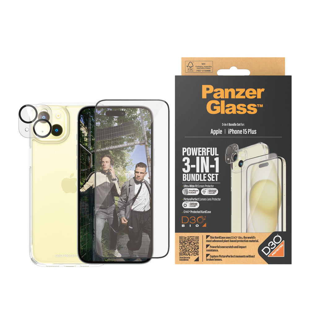 PanzerGlass Pack 3-en-1 Protection d'Écran Transparent pour iPhone 15 Plus