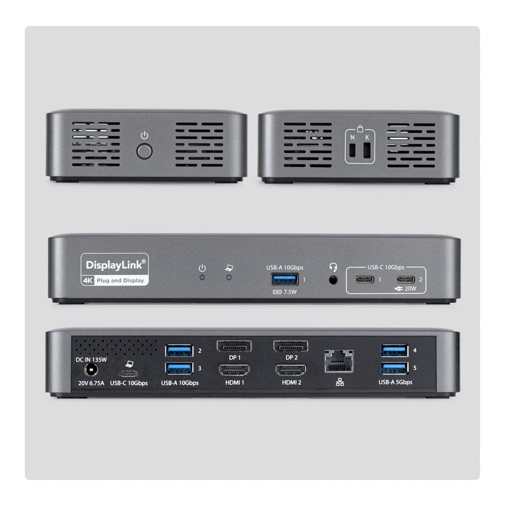 StarTech.com Station d'Accueil USB-C pour Deux Écrans, 4K 60Hz, HDMI ou DisplayPort, Recharge de PC Portable 96W, Gigabi