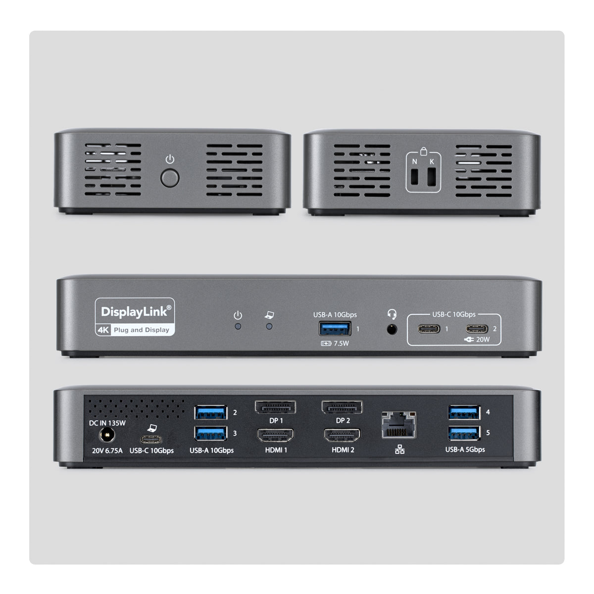 StarTech.com Station d'Accueil USB-C pour Deux Écrans, 4K 60Hz, HDMI ou DisplayPort, Recharge de PC Portable 96W, Gigabi