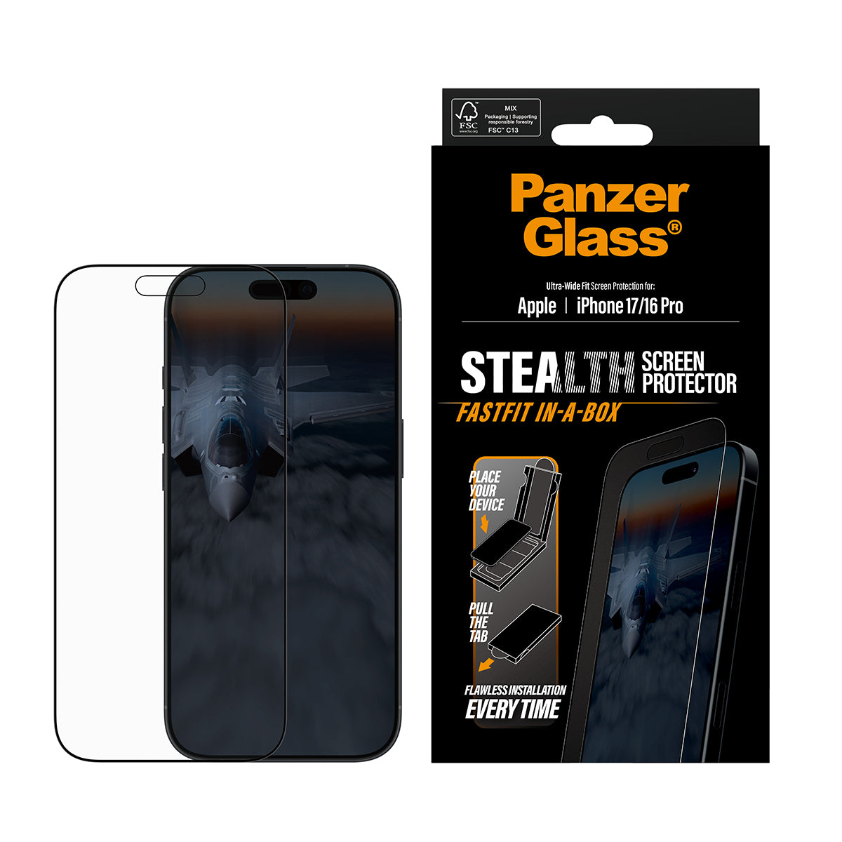 PanzerGlass ® Stealth Screen Protector iPhone 17 | iPhone 16 Pro | Ultra-Wide Fit w. Fastfit in-a-box Protection d'écran
