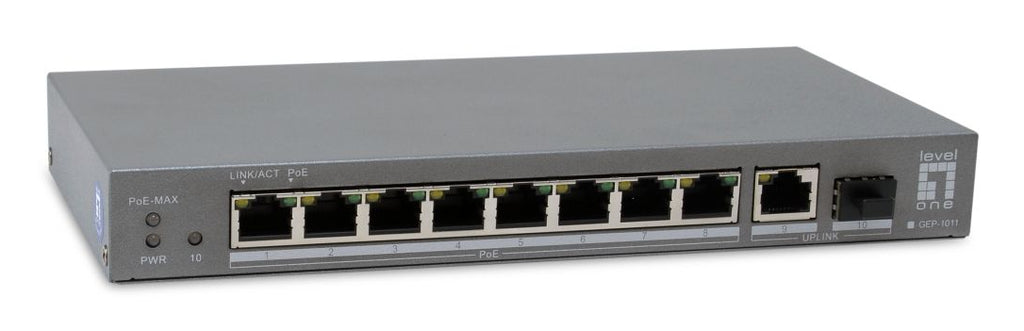 LevelOne Switch GEP-1011 10x FE, 1x GE, 1x GSFP, 8x PoE, 120W, Gris