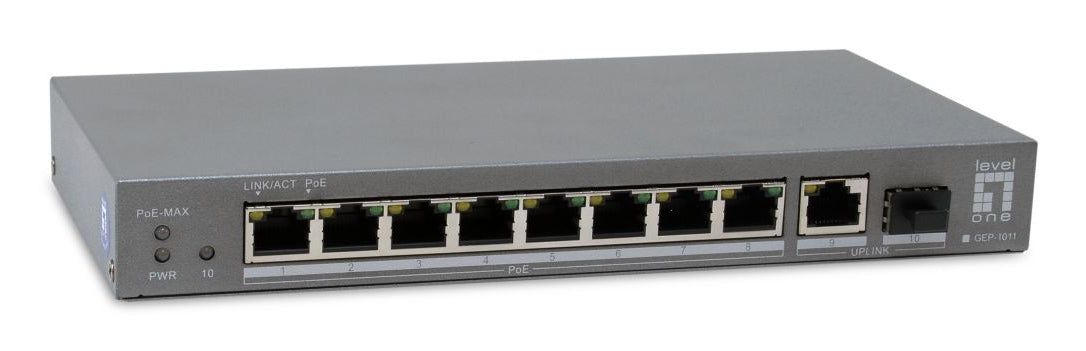 LevelOne Switch GEP-1011 10x FE, 1x GE, 1x GSFP, 8x PoE, 120W, Gris