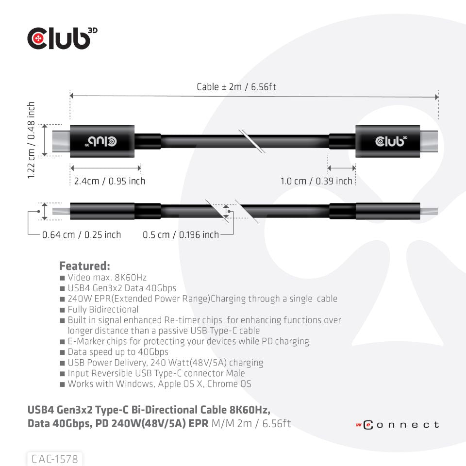 CLUB3D CAC-1578 câble USB USB4 Gen 3x2 2 m USB C 40 Gbit/s 240 W Noir