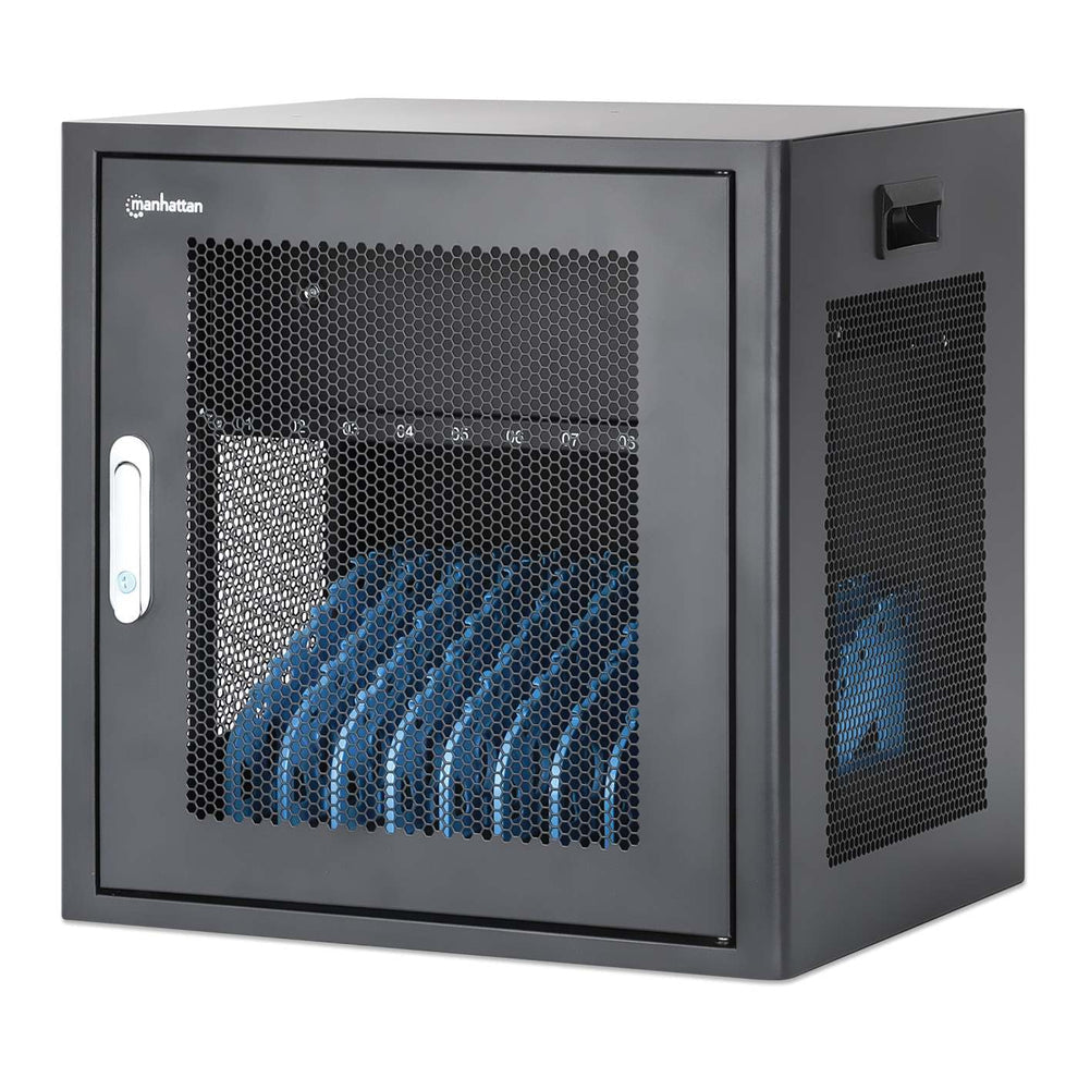 Manhattan Laptop Charging Cabinet Desktop via AC Adapter (EU) 10-bay Install device's AC Adapter (power cables) into unit Suitable for ALL laptops (to 16 ) iPads MacBooks Chromebooks other portable devices Bays 380x30x280mm Cart Lockable