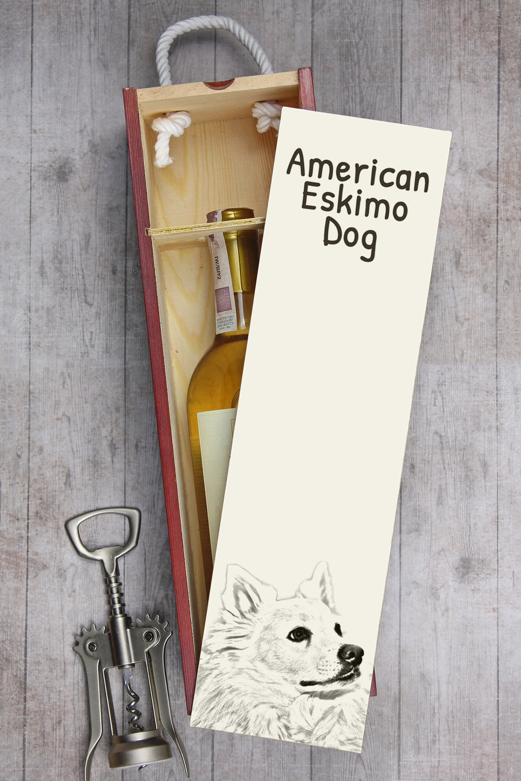 American Eskimo Dog, American Spitz - wine box with a dog, alcohol box with graphics, personalized gift box from the Art-Dog brand