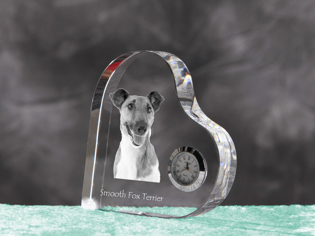 Fox Terrier Smooth - crystal clock with a dog picture, heart-shaped shelf clock, personalized standing clock by Art-Dog brand