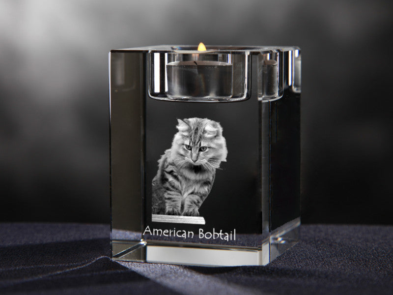 American Bobtail - Candle holder with cat photo, crystal tealight holder, personalised gift by Art-Dog brand