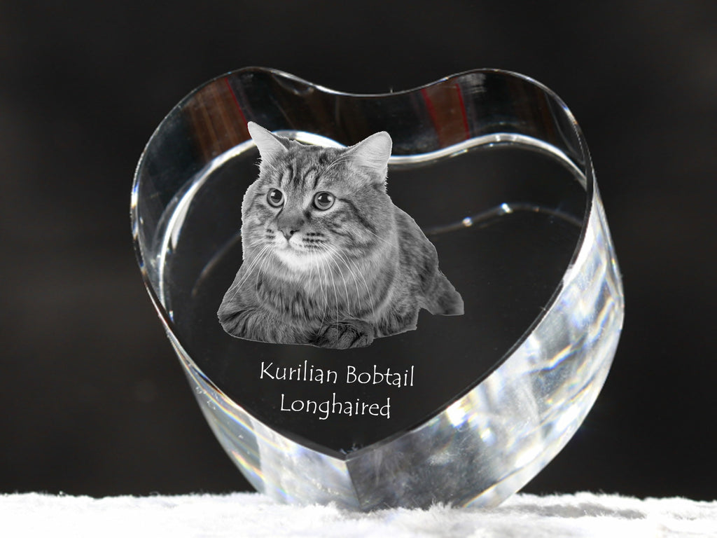 Kurilian bobtail longhaired - crystal clock with a picture of a cat, heart-shaped shelf clock, personalized standing clock by Art-Dog brand