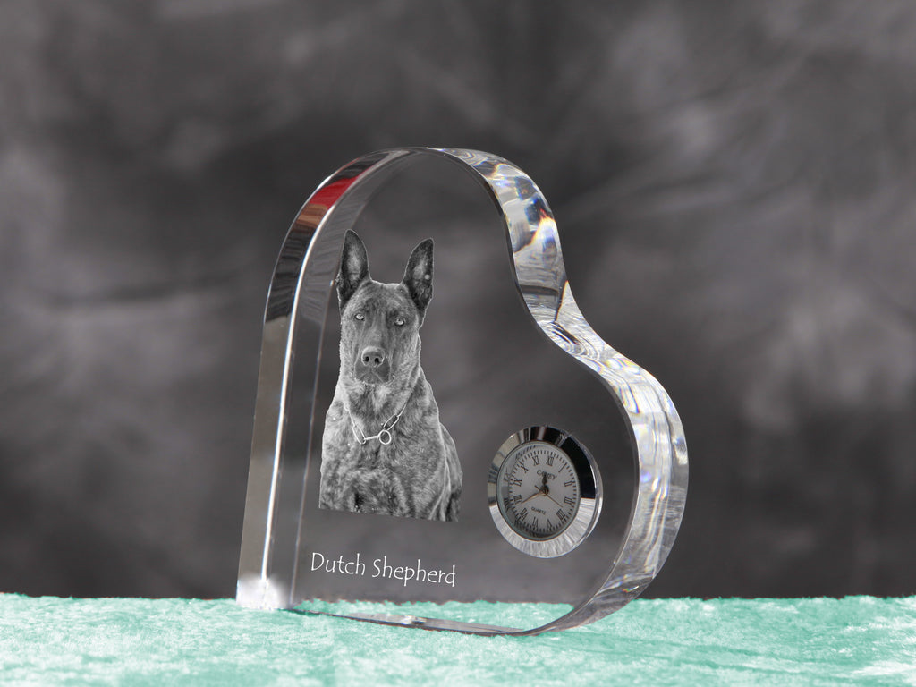 Dutch Shepherd Dog, Dutch Herder - crystal clock with a dog picture, heart-shaped shelf clock, personalized standing clock by Art-Dog brand