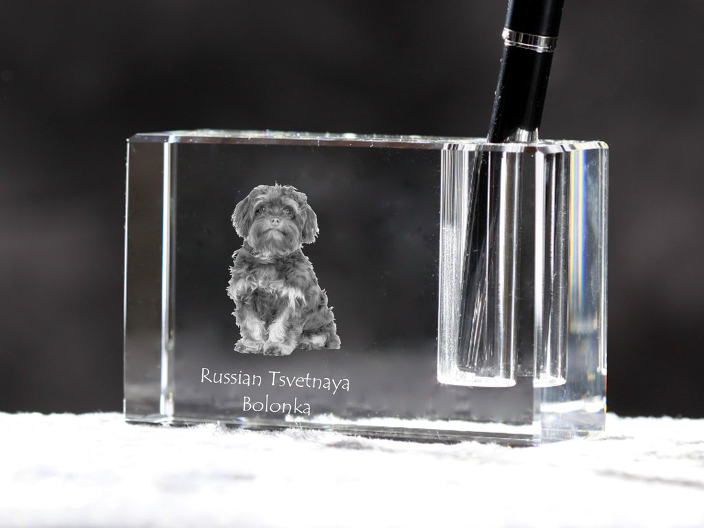Bolonka, Russian Tsvetnaya Bolonka - Pen stand, crystal organiser with dog photo, unique desk decoration by Art-Dog brand