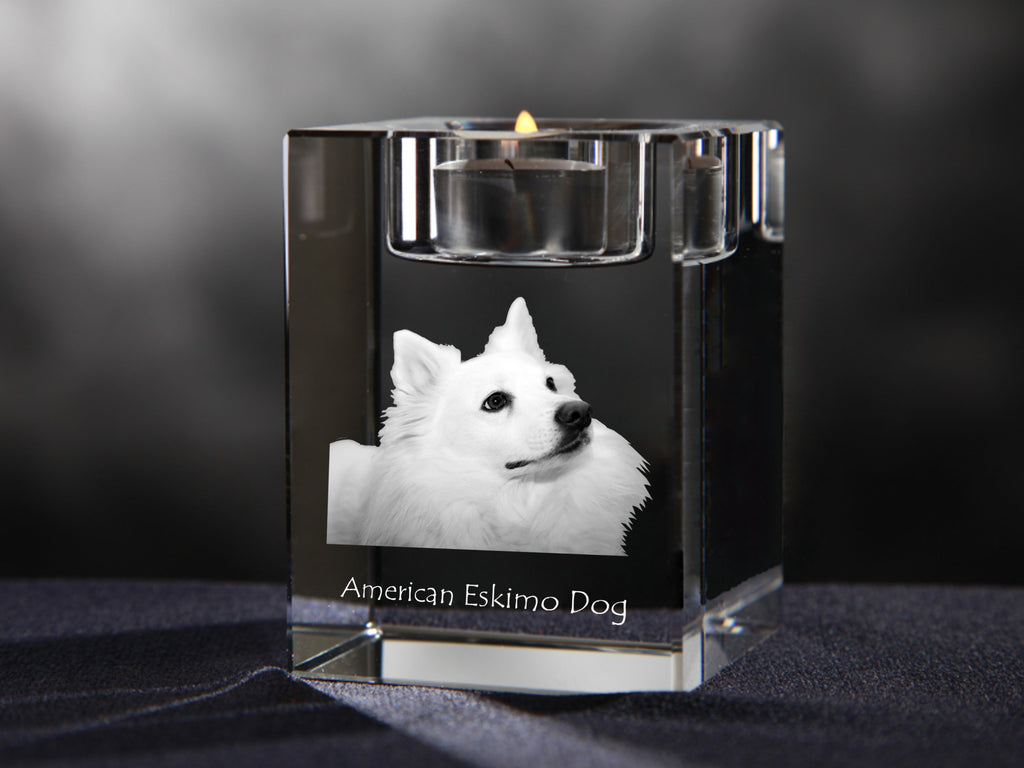 American Eskimo Dog, American Spitz - Candle holder with dog photo, crystal tealight holder, personalised gift by Art-Dog brand