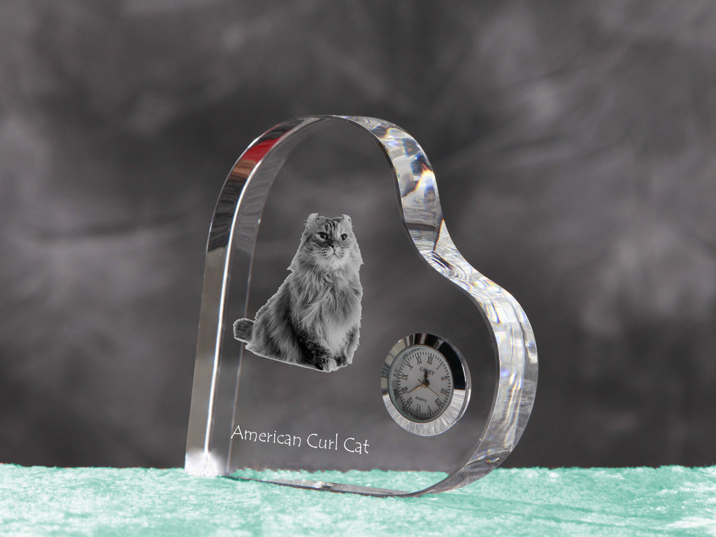 American Curl - crystal clock with a picture of a cat, heart-shaped shelf clock, personalized standing clock by Art-Dog brand