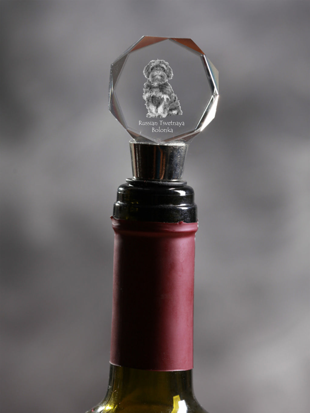 Bolonka, Russian Tsvetnaya Bolonka - Bottle stopper, crystal wine stopper with photo, personalised gift for bartender by Art-Dog brand