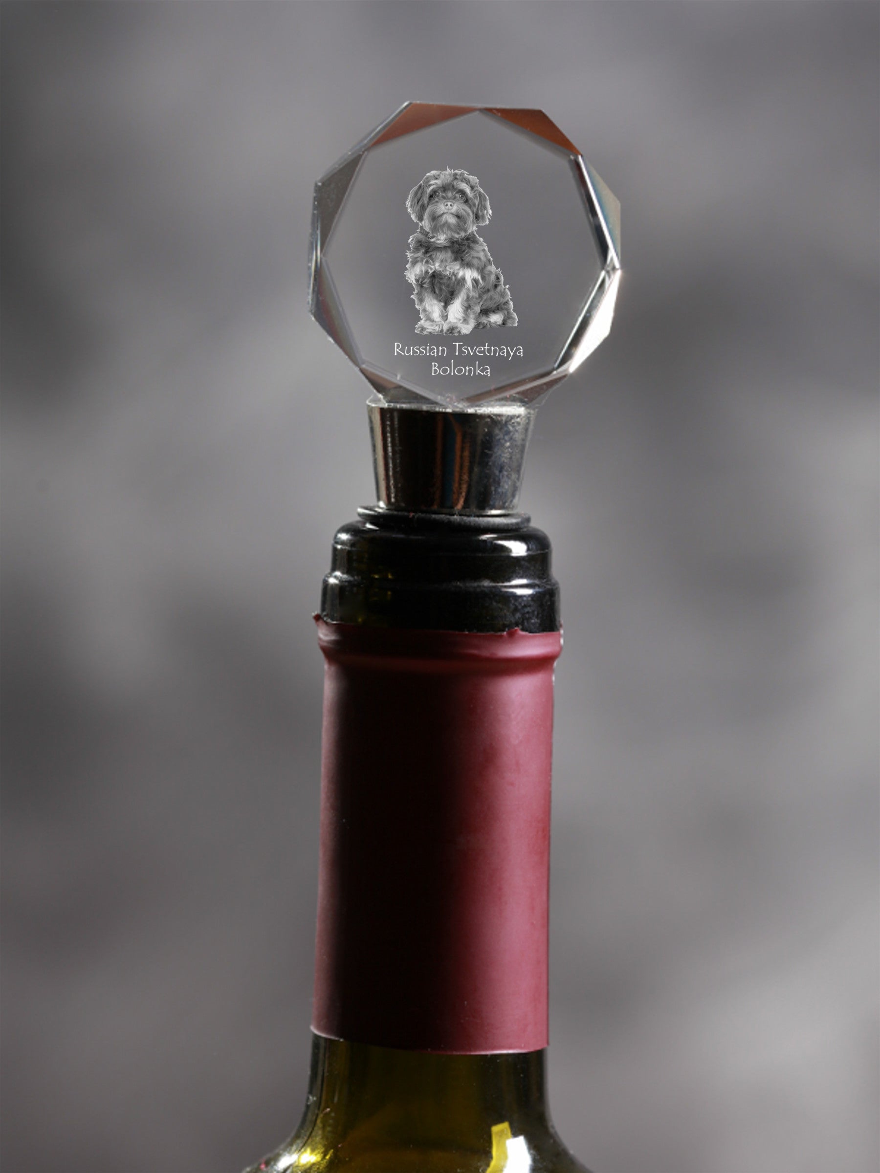 Bolonka, Russian Tsvetnaya Bolonka - Bottle stopper, crystal wine stopper with photo, personalised gift for bartender by Art-Dog brand