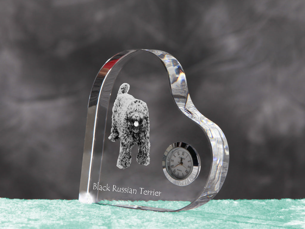 Black Russian Terrier, Chornyi Terrier - crystal clock with a dog picture, heart-shaped shelf clock, personalized standing clock by Art-Dog brand