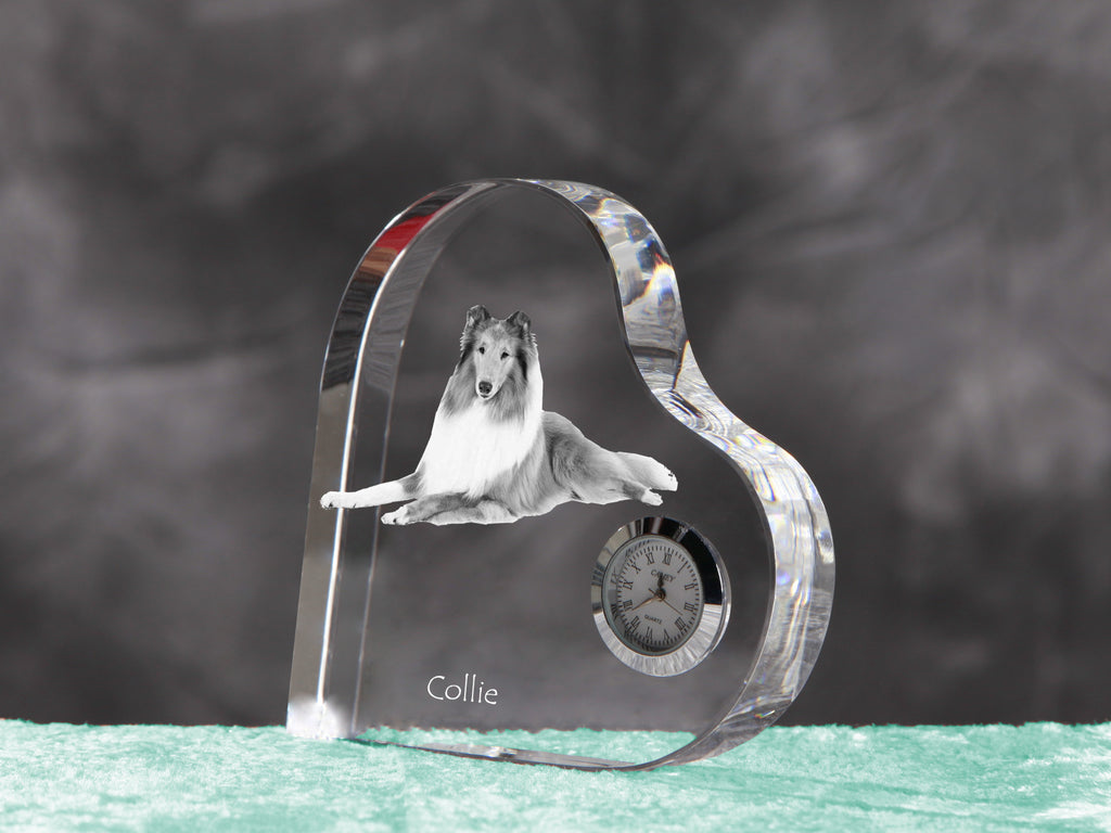Collie Rough, Long-Haired Collie - crystal clock with a dog picture, heart-shaped shelf clock, personalized standing clock by Art-Dog brand