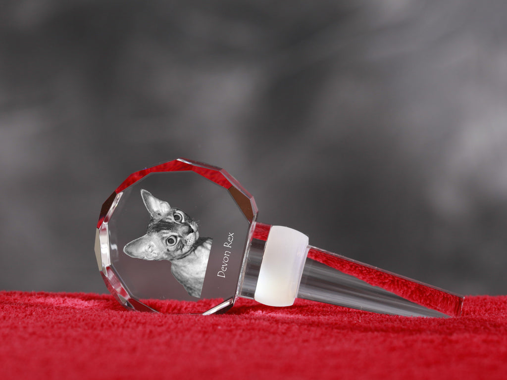 Devon Rex - Crystal bottle stopper with cat, unique wine stopper with photo, personalised gift for sommelier by Art-Dog brand