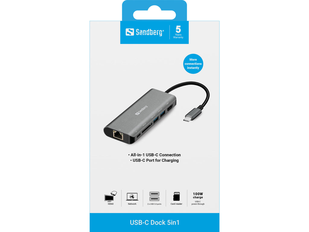 Sandberg Station d'accueil USB-C HDMI LAN SD USB 100W
