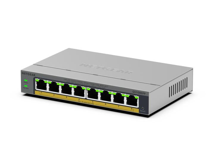 NETGEAR GS108EPP Non-géré Gigabit Ethernet (10/100/1000) Connexion Ethernet, supportant l'alimentation via ce port (PoE) Montage sur le bureau ou sur le mur Gris