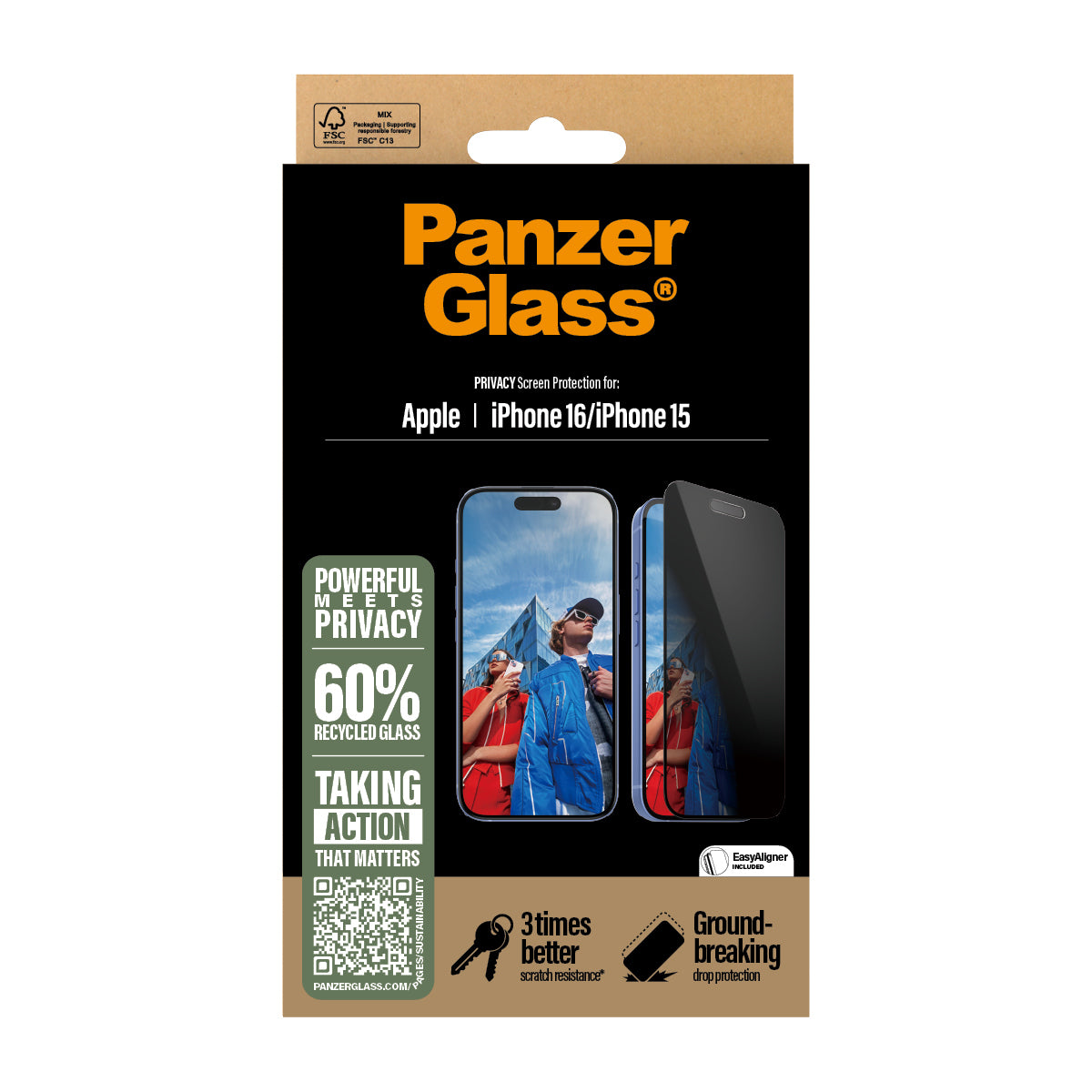 PanzerGlass ® 2-Way Privacy Screen Protector iPhone 16 | 15 | Ultra-Wide Fit w. EasyAligner Protection d'écran transparent Apple 1 pièce(s)