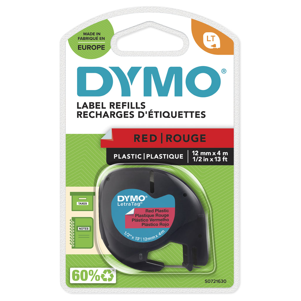 DYMO LetraTag Étiquettes en plastique Authentique | 12 mm x 4 m | impression en noir sur fond rouge | Étiquettes autocollantes pour étiqueteuse LetraTag