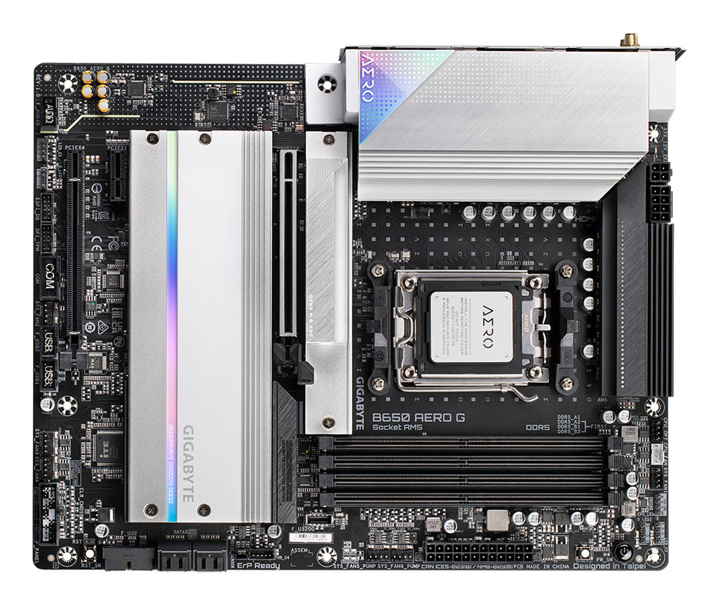 GIGABYTE B650 AERO G Carte mère - Compatible avec les processeurs AMD Ryzen série 9000, jusqu'à 8000 MHz DDR5 (OC), 1xPCIe 5.0 + 2xPCIe 4.0 M.2, LAN 2,5 GbE, WIFI 6E, USB 3.2 Gen 2