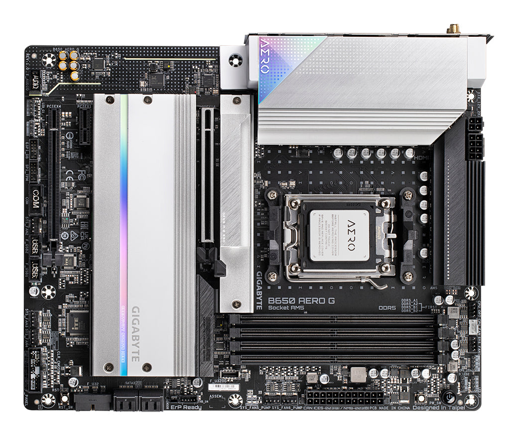 GIGABYTE B650 AERO G Carte mère - Compatible avec les processeurs AMD Ryzen série 9000, jusqu'à 8000 MHz DDR5 (OC), 1xPCIe 5.0 + 2xPCIe 4.0 M.2, LAN 2,5 GbE, WIFI 6E, USB 3.2 Gen 2