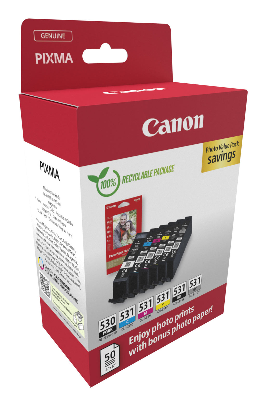 Canon PGI-530/CLI-531 Pack de Cartouches d'Encre Originales, 6 Pièces, Noir, Cyan, Gris, Magenta, Photo Noire, Jaune