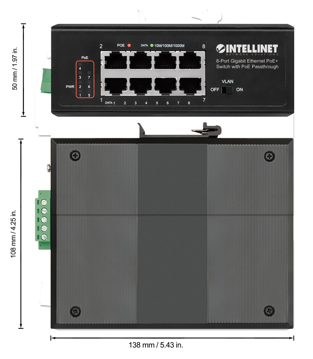 Intellinet Commutateur réseau (switch) industriel Gigabit Ethernet PoE+ 8 ports avec passthrough PoE, 1 port PD PoE 95 W