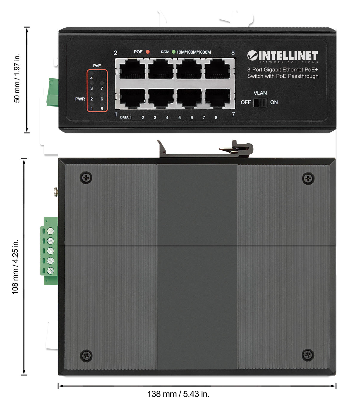 Intellinet Commutateur réseau (switch) industriel Gigabit Ethernet PoE+ 8 ports avec passthrough PoE, 1 port PD PoE 95 W