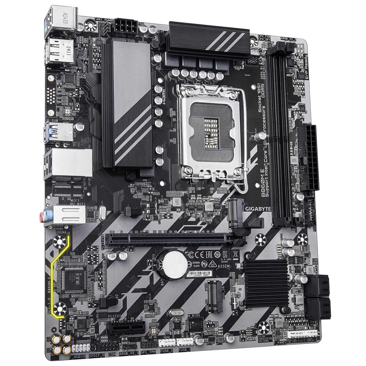 GIGABYTE B860M E Carte Mère - Processeurs Intel Core Ultra Series, VRM 4+1+2 phases, jusqu’à 8800MHz DDR5 (O.C), 2xPCIe 4.0 M.2, LAN 1GbE, USB 3.2 Gen 1 - vue 3