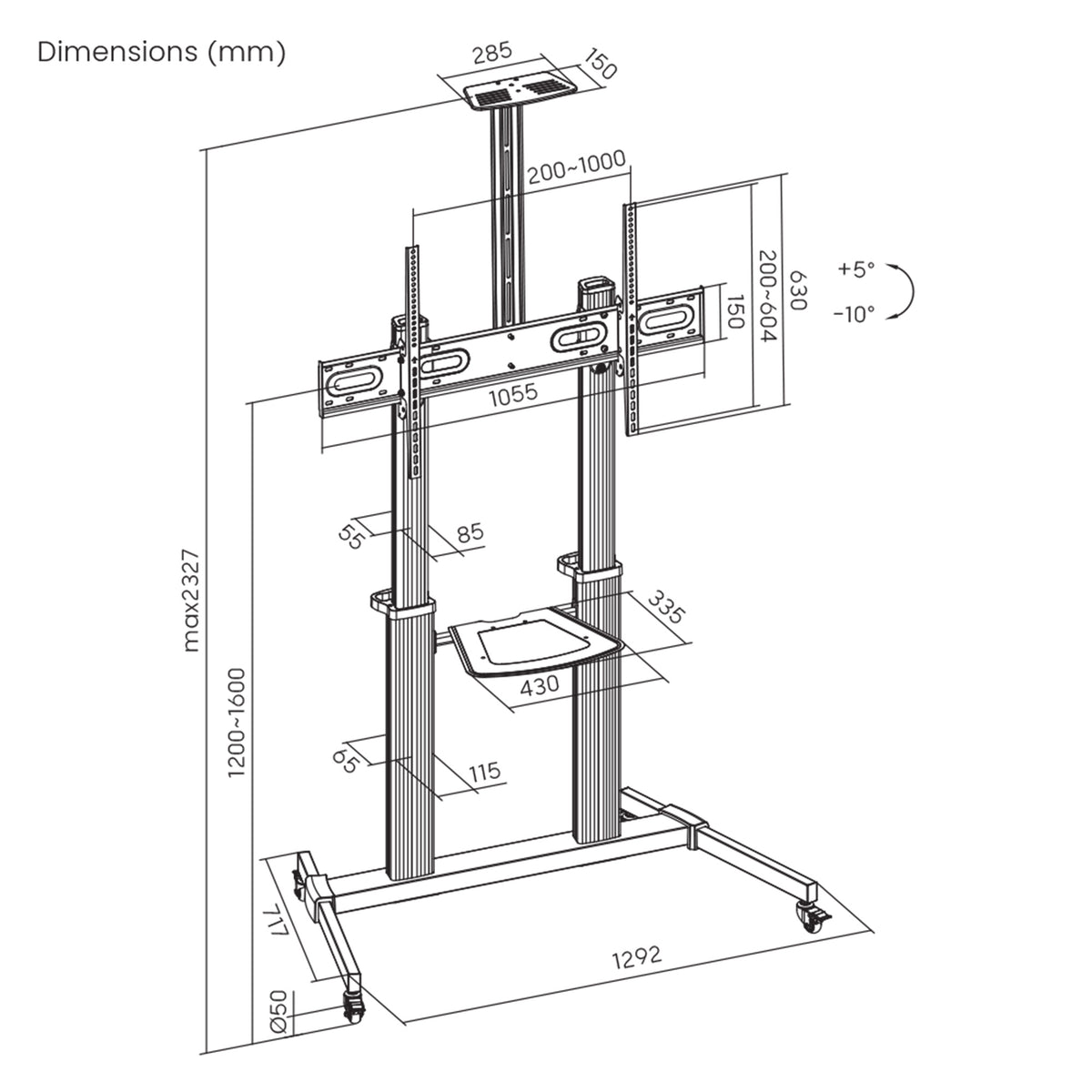 Manhattan Support TV sur Roulettes pour Écrans 37" à 100", VESA 200x200 à 1000x600 mm, Charge 80 kg, Hauteur Réglable 12