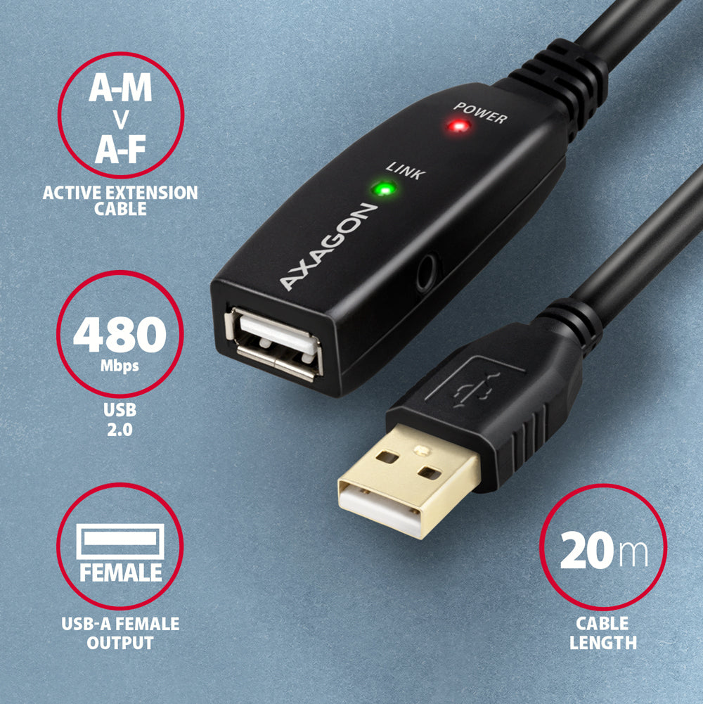 Axagon ADR-220 USB 2.0 A-M -> A-F active extension/repeater cable 20m - Kabel - Digital/Daten câble USB USB A 0,48 Gbit/s Noir - vue 3