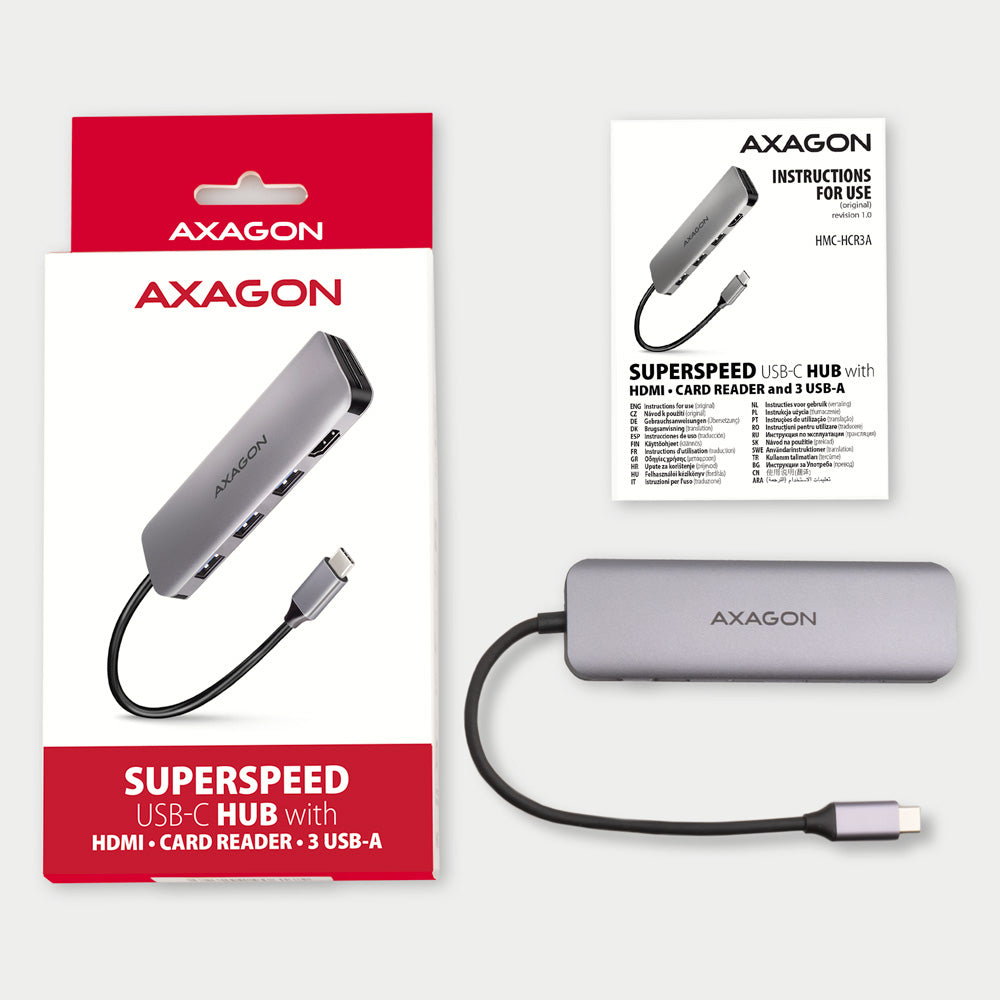 Axagon HMC-HCR3A 3x USB-A+ HDMI+ SD/microSD USB-C 3.2 Gen 1 hub 20cm Avec fil USB 3.2 Gen 1 (3.1 Gen 1) Type-C Gris