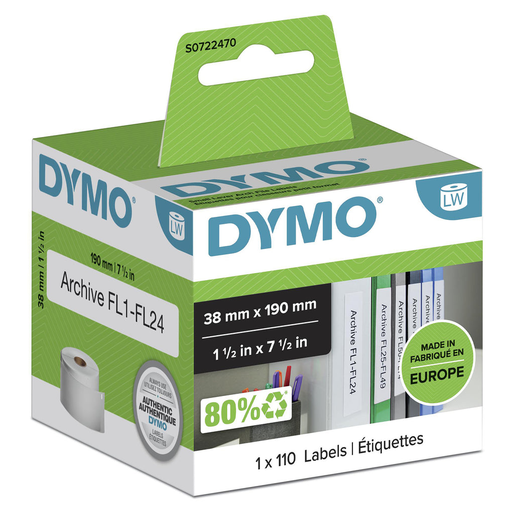 DYMO LW Étiquettes pour Classeur à Arceaux, 38 mm x 190 mm, Rouleau de 110, Noir sur Blanc