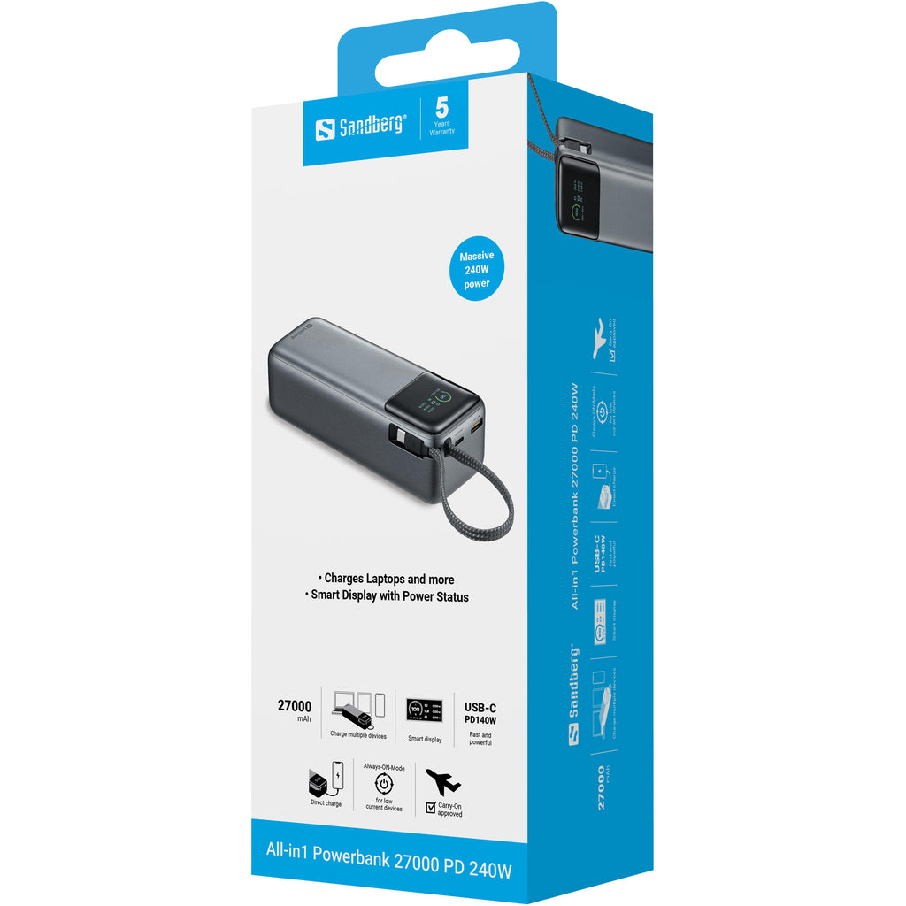 Sandberg 421-31 Powerbank 27000 mAh 240W PD, Batterie Externe LiPo, Noir et Gris
