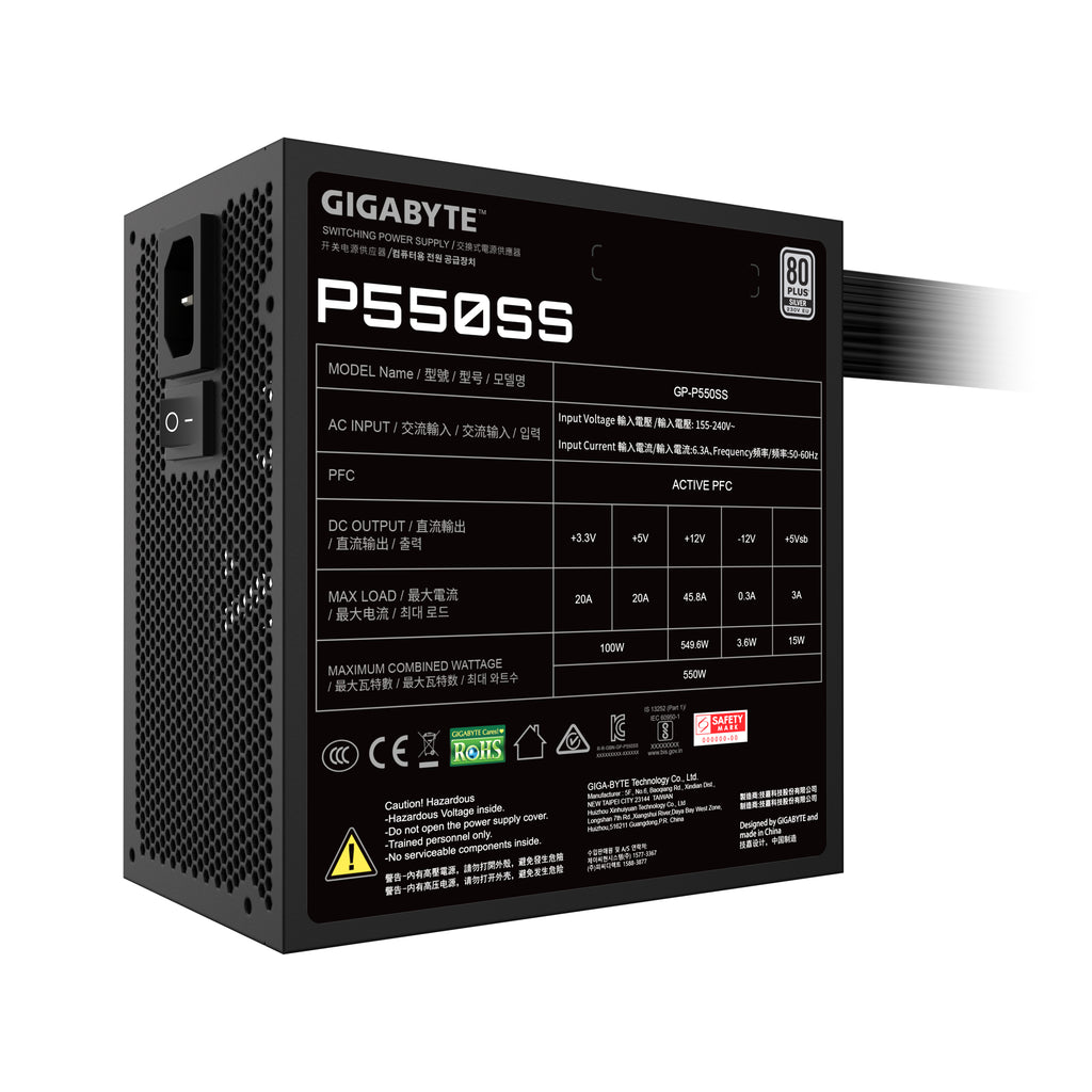 GIGABYTE P550SS Bloc d'Alimentation - PCIe 5.0, 80 PLUS Silver, Ventilateur 120 mm, Compatible ATX 3.0, Prise EU