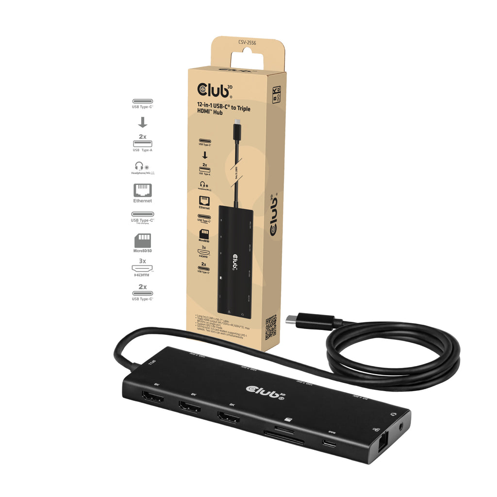 CLUB3D Hub USB-C® 12-en-1 vers triple HDMI™, DP 2.1, PD 3.0, 100 W, 1 m