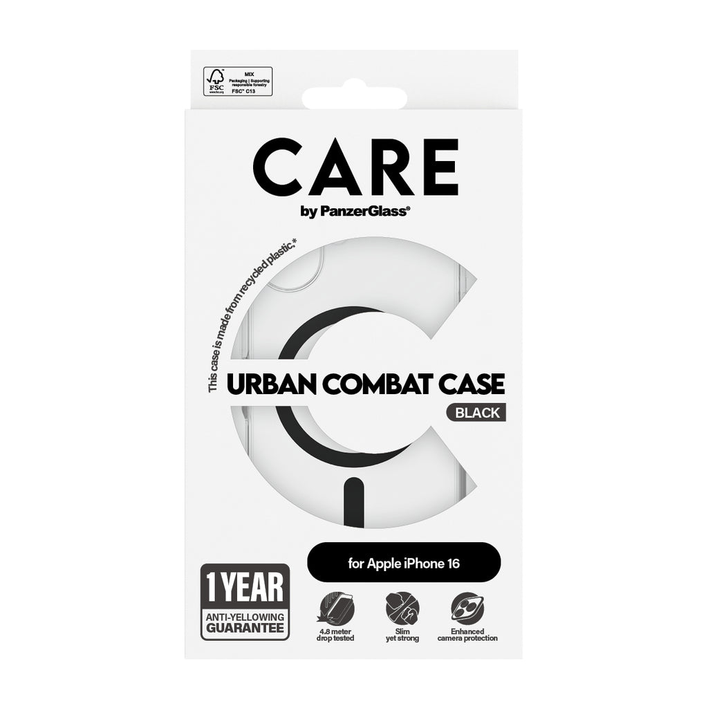 PanzerGlass CARE™ by ® Urban Combat Case Transparent w. Black MagSafe iPhone 16 coque de protection pour téléphones port